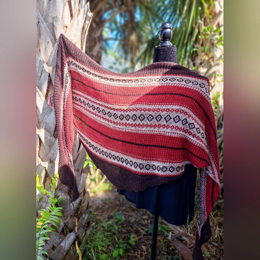 Hand Knitted Shawl One of a Kind Elegant Red Beige Coffee Brown Merino Wool - Picture 2 of 15